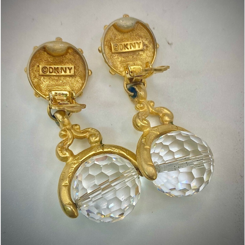 Vintage Donna Karan DKNY Drop Faceted Crystal Ball Art Deco Clip On Earrings - Picture 7 of 8